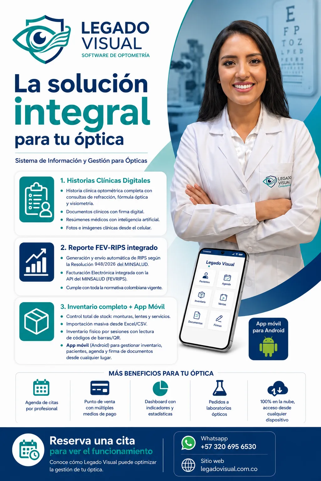 Folleto de Legado Visual: historias clínicas digitales, reporte FEV-RIPS integrado, inventario completo y app móvil para Android